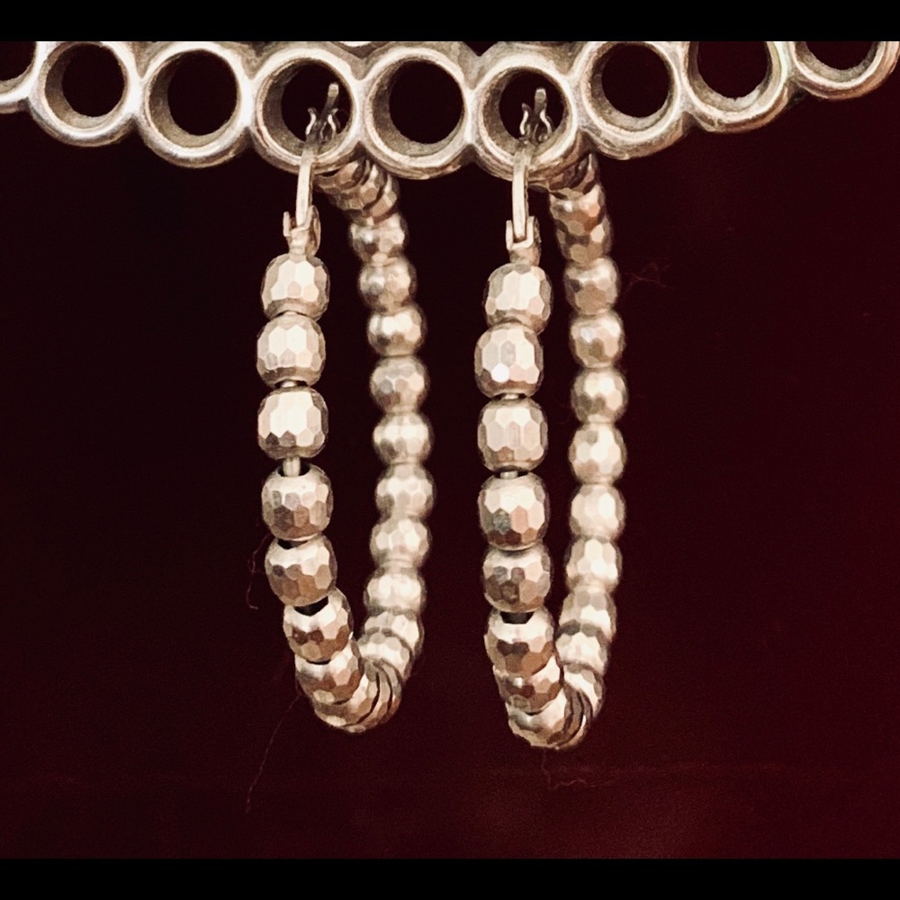 Sterling Silver Beaded Hoop Earrings.  QVC 1 1/2”